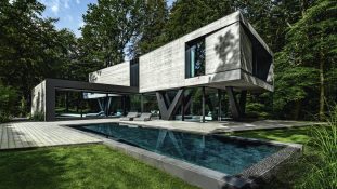 Ein Brutalist steht im Walde