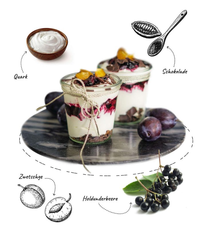 Schwarzwälder Crème mit Zwetschgen und Holunder