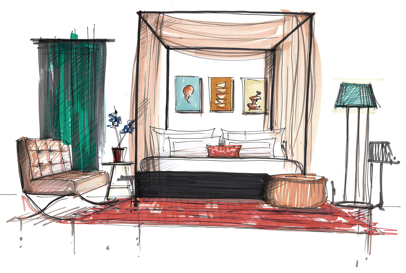 Braun und Blau geben bei dieser Skizze den Ton an