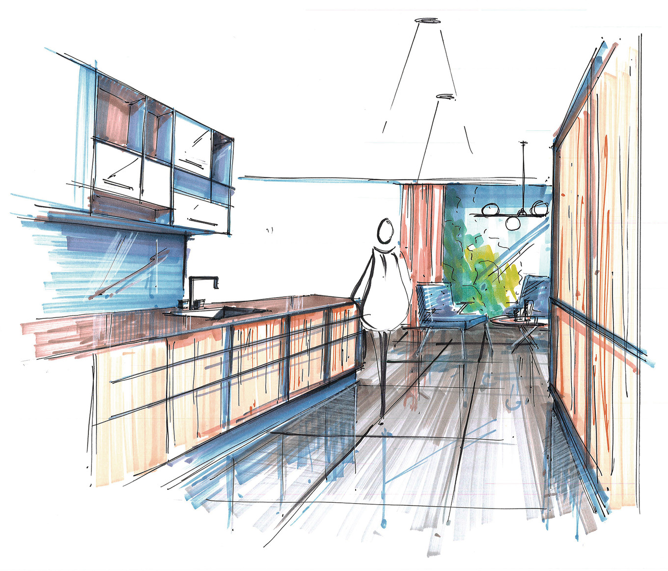 Braun und Blau geben bei dieser Skizze den Ton an