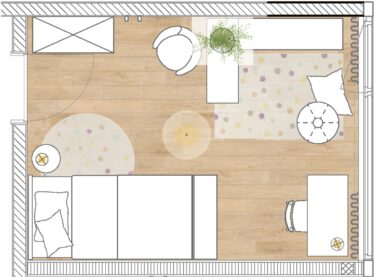 Die Innenarchitektin Neshat Compani schlägt folgenden durchdachten Grundriss für ein Kinderzimmer à zwölf Quadratmeter vor.