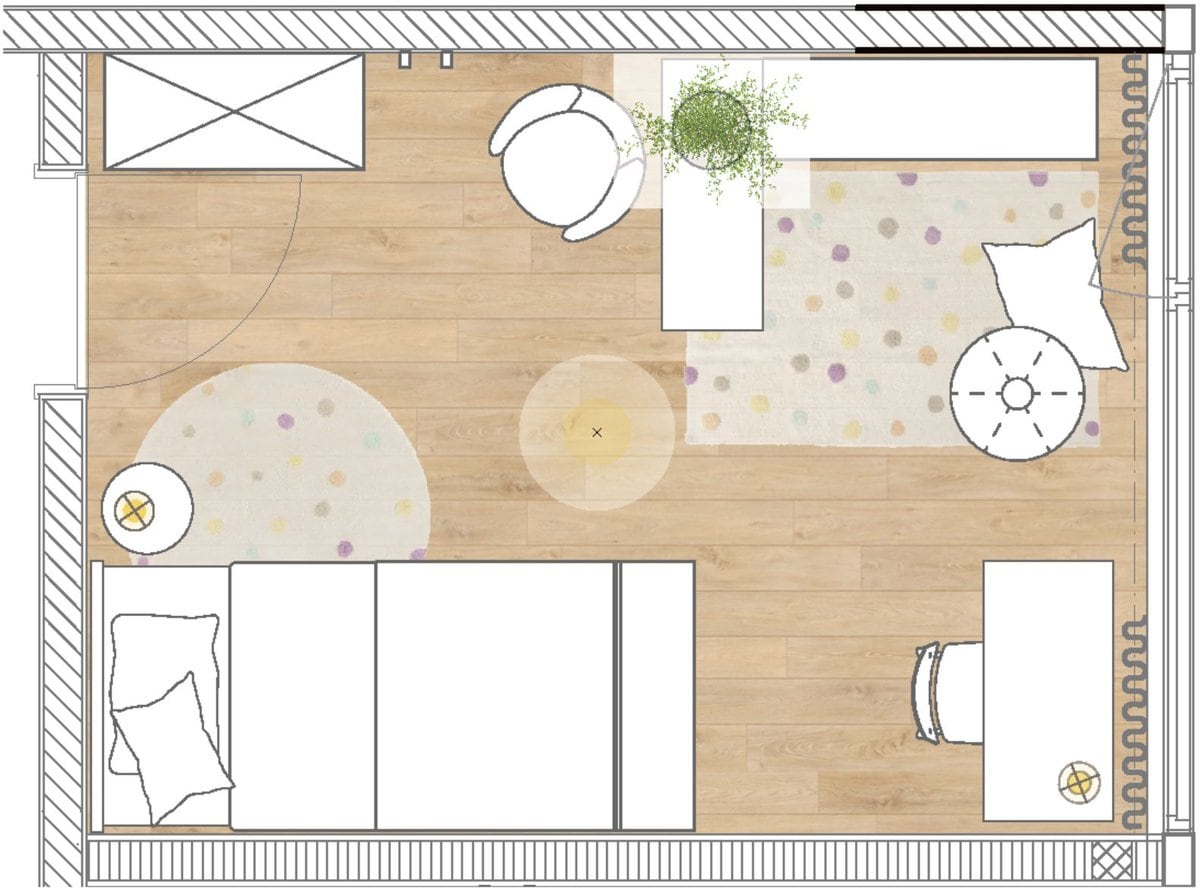 Die Innenarchitektin Neshat Compani schlägt folgenden durchdachten Grundriss für ein Kinderzimmer à zwölf Quadratmeter vor.